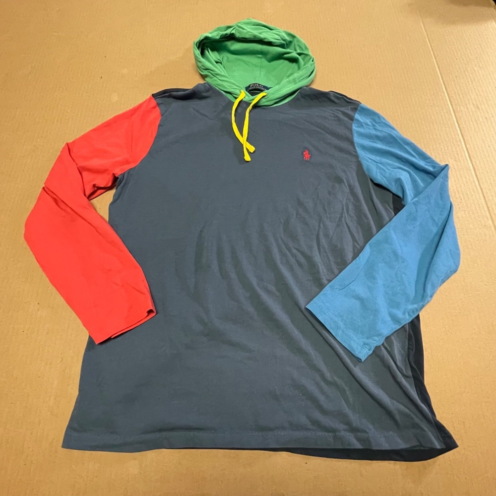 Polo Ralph Lauren Men's Large Navy Multi Colorblock Jersey Hooded T-Shirt Pony